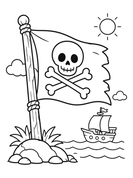 A jolly roger flag on a tiny island with a ship in this pirate coloring page.