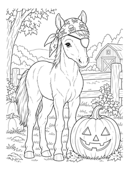 A pirate foal poses beside a carved pumpkin in this halloween horse coloring page.