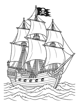 A detailed pirate ship coloring page sailing across choppy ocean waters under a Jolly Roger flag.