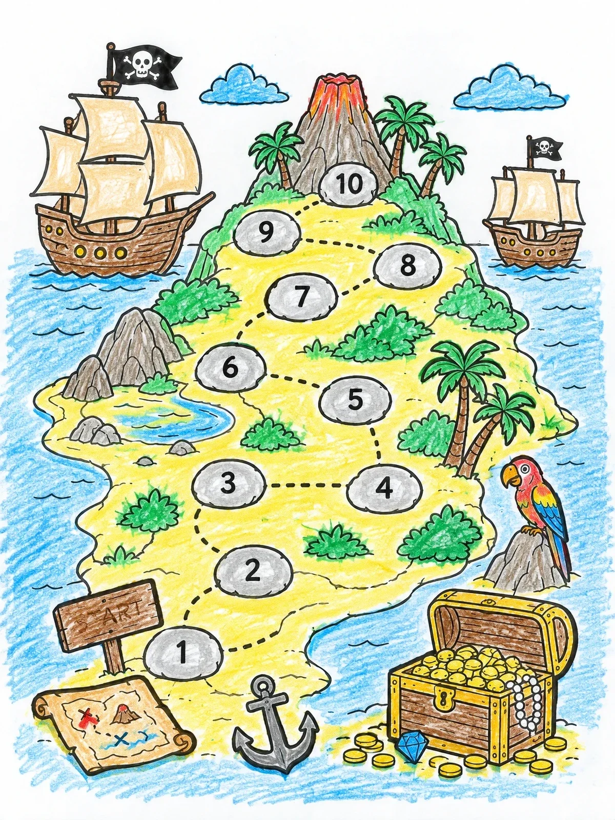 Colored example of the Pirate Island Adventure Board Game coloring page