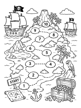 A pirate island board games coloring page with numbered stepping stones, ships, and a treasure chest.