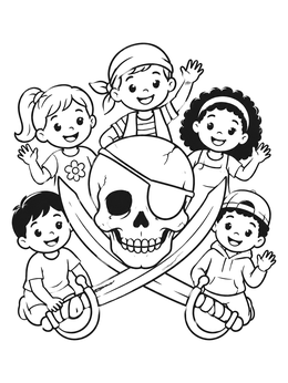 Cheerful pirate coloring page with five waving kids around a skull and crossed cutlasses.
