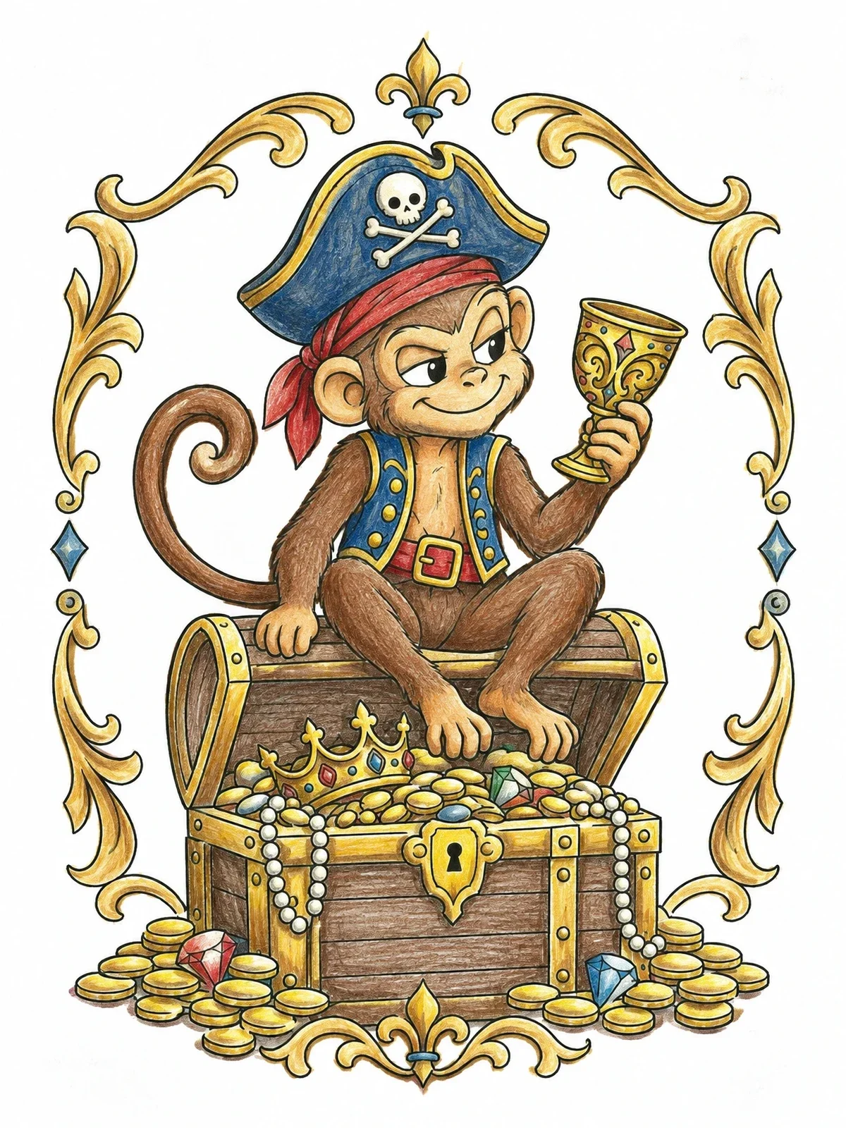 Colored example of the Pirate Monkey With Treasure Chest coloring page