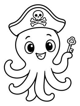 Free printable Pirate Octopus With Treasure Key coloring page