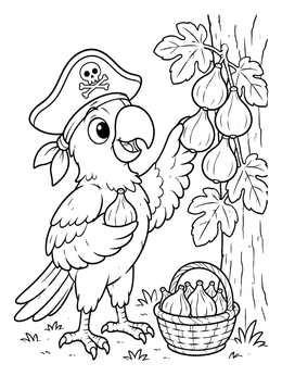 A cheerful pirate parrot coloring page showing the bird picking figs into a basket.