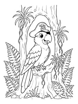 A cheerful pirate parrot coloring page perched inside a hollow tree surrounded by tropical ferns.