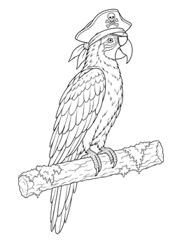 A pirate parrot coloring page shows a macaw wearing a tricorn hat perched on a log.