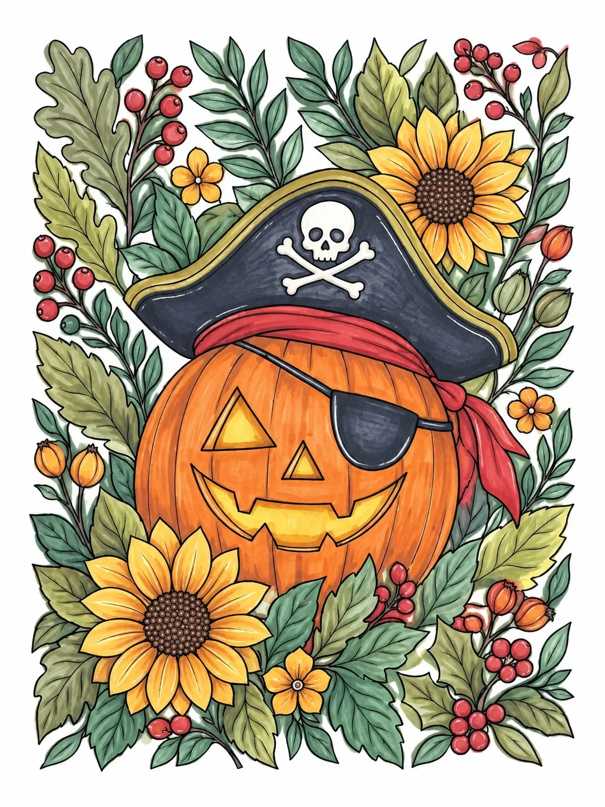 Colored example of the Pirate Pumpkin In Floral Frame coloring page