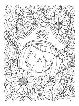 A pirate pumpkin coloring page framed by blooming sunflowers and autumn leaves.