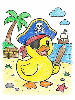 Pirate Rubber Duck On The Beach – Rubber Duckies Coloring Page