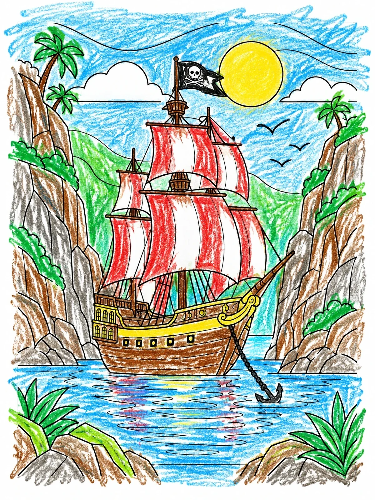 Colored example of the Pirate Ship Anchored In Island Cove coloring page