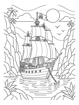A galleon sails into a calm bay on this island coloring page.