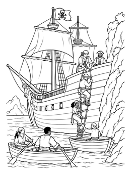 A detailed pirate ship coloring page showing sailors descending rope ladders into wooden rowboats.