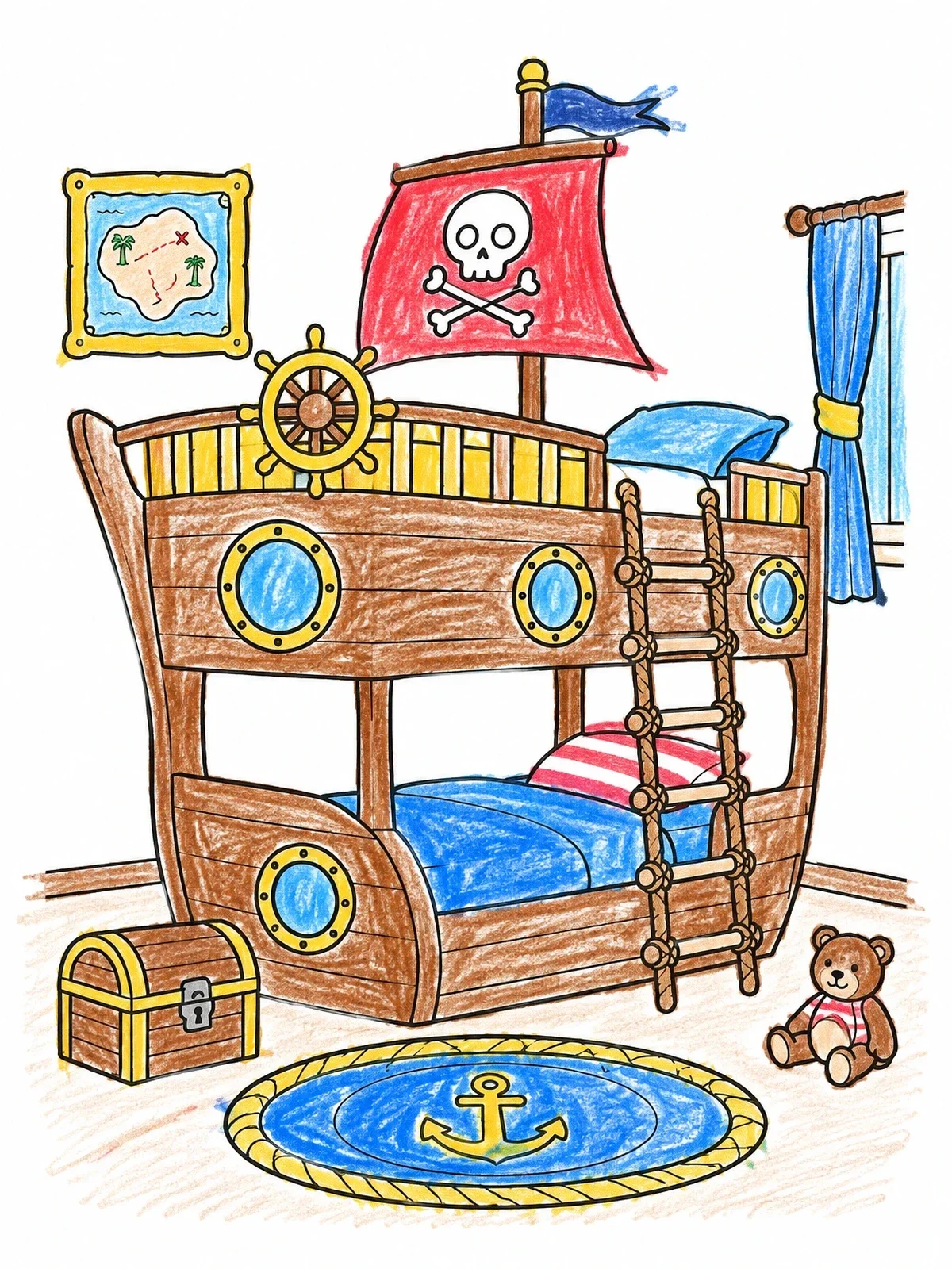 Colored example of the Pirate Ship Bunk Bed Bedroom coloring page