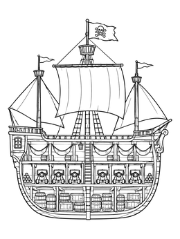 A detailed cutaway pirate ship coloring page showing decks with cannons, hammocks, and cargo.