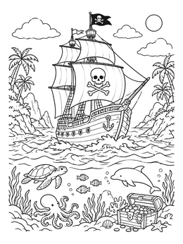 A detailed pirate coloring page featuring a sailing ship above and sea life with treasure below.