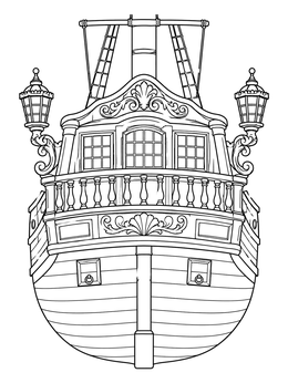 An ornate galleon stern is featured in this pirate ship coloring page with lanterns and a balcony.