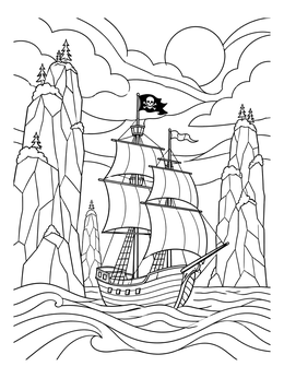 A pirate ship coloring page featuring a vessel navigating between rocky cliffs under a cloudy sky.