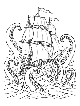 A detailed pirate ship coloring page featuring a vintage galleon surrounded by giant kraken tentacles in stormy seas.