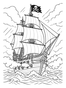 A detailed pirate ship coloring page sailing through stormy ocean waves with smoke clouds.