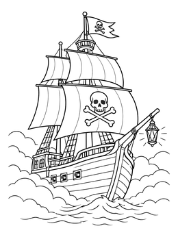 A detailed pirate ship coloring page sailing through heavy sea mist with a glowing bow lantern.