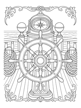 A pirate ship coloring page featuring a detailed helm, compass, and coiled ropes on the wooden deck.