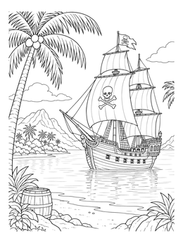 A detailed pirate ship coloring page set in a tropical bay with palm trees.