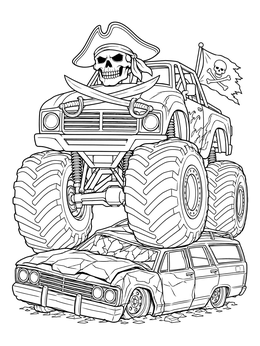 A pirate monster truck coloring page showing huge tires crushing an old station wagon.