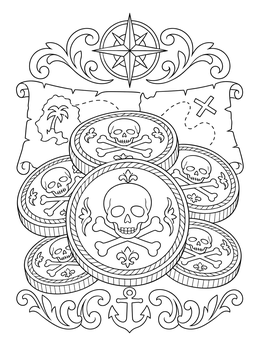 A detailed pirate treasure map with a gold coins coloring page design.