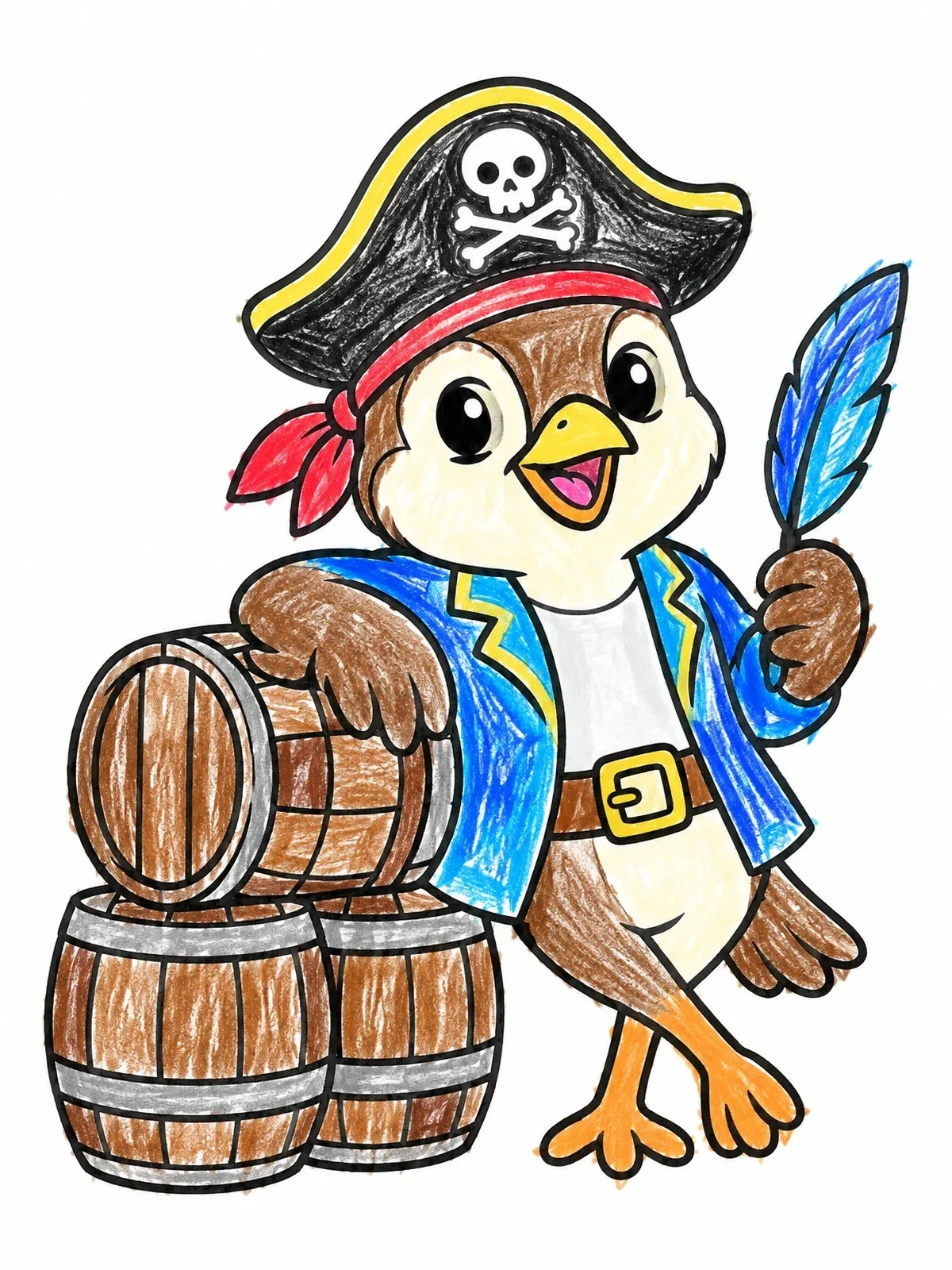 Colored example of the Pirate Sparrow With Barrels And Feather coloring page