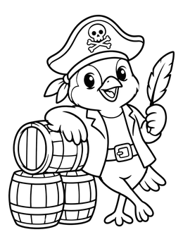 A cheerful bird in a pirate hat beside wooden barrels on this sparrow coloring page.
