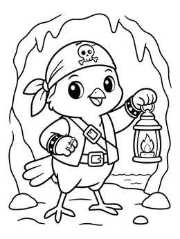 A cute pirate sparrow coloring page holding a lantern inside a cave.
