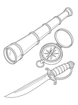 A brass spyglass, open pocket compass, and dagger on this pirate coloring page.