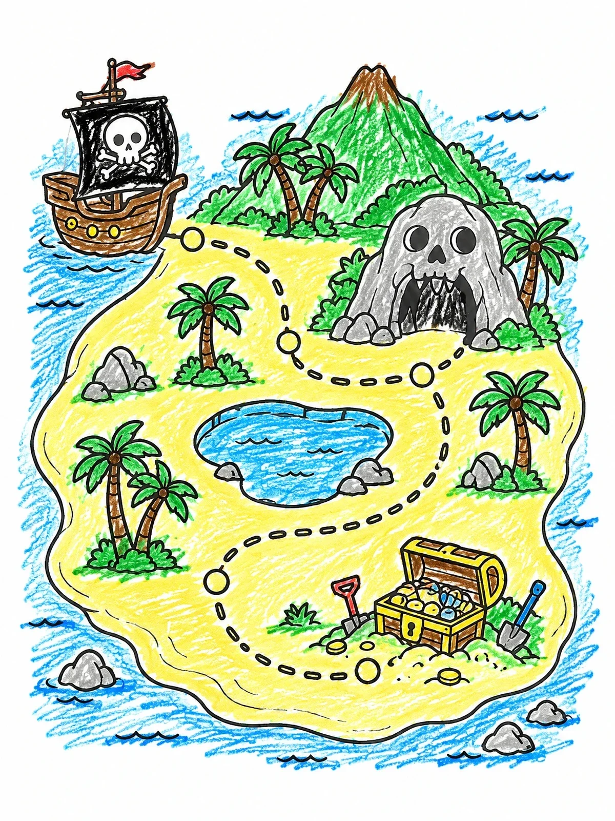 Colored example of the Pirate Treasure Island Game Board coloring page