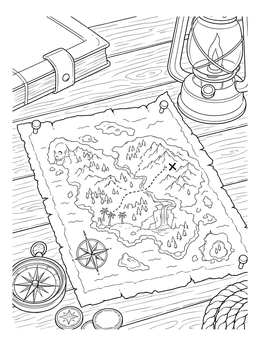 An adventurous pirate coloring page featuring a detailed treasure map, lantern, and compass on wood.