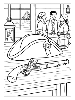 A pirate coloring page showing a tricorn hat and pistol on a wooden table with crew in the cabin.