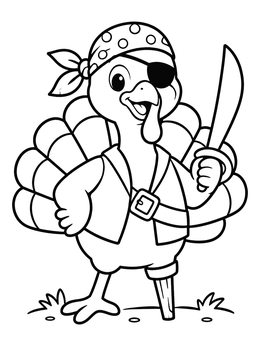 A cheerful pirate turkey coloring page with an eyepatch, bandana, and sword.