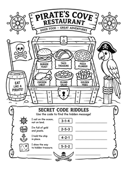 Pirate Cove restaurant menu coloring page with a treasure chest of food and secret riddles.