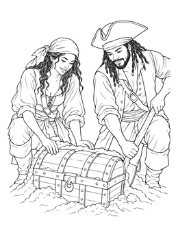Two pirates uncover an old wooden chest in this detailed pirate coloring page.