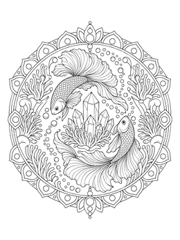 Intricate pisces coloring page featuring two graceful betta fish swimming around glowing crystals in a mandala.