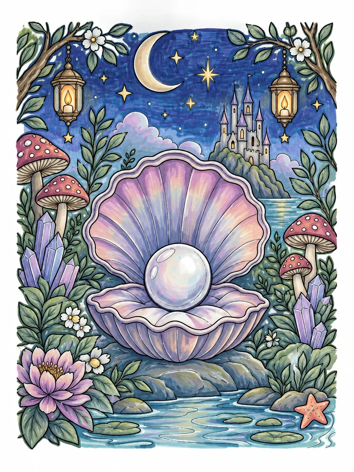 Colored example of the Luminous Pearl In Seashell Nightscape coloring page