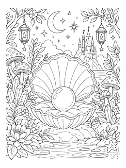A magical pisces coloring page featuring an open clam shell cradling a glowing pearl at night.