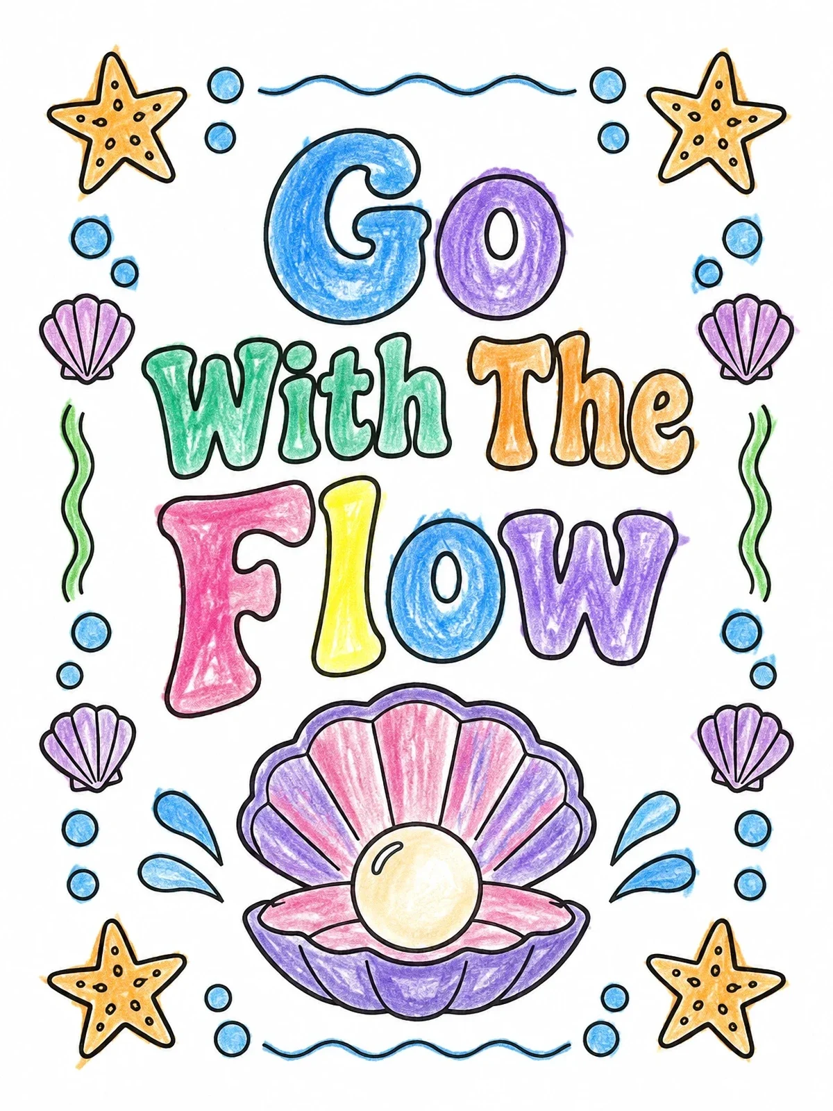Colored example of the Go With The Flow Clam Shell coloring page