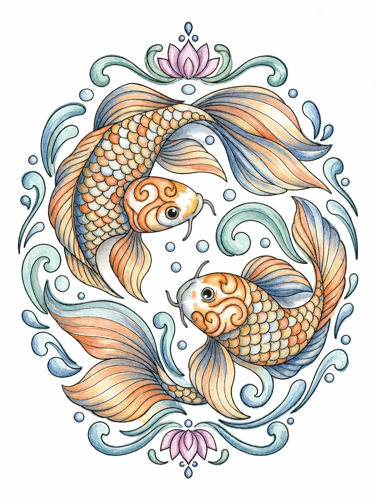 Colored example of the Pisces Koi Fish Circle coloring page