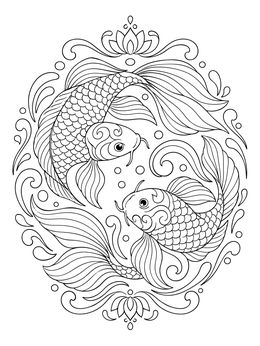 Two ornate koi fish swim in a circle on this pisces coloring page.