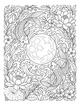 Detailed pisces coloring page featuring two koi fish swimming around a full moon amid lotus flowers.