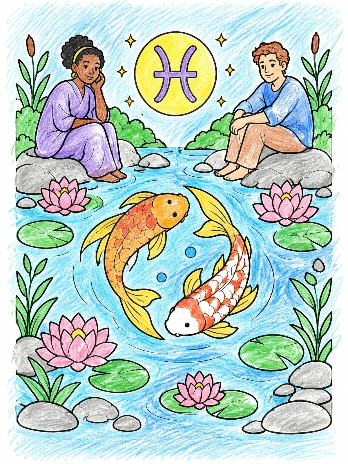 Colored example of the Pisces Koi Pond With Star Sign coloring page