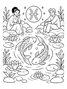 Free printable Pisces Koi Pond With Star Sign coloring page