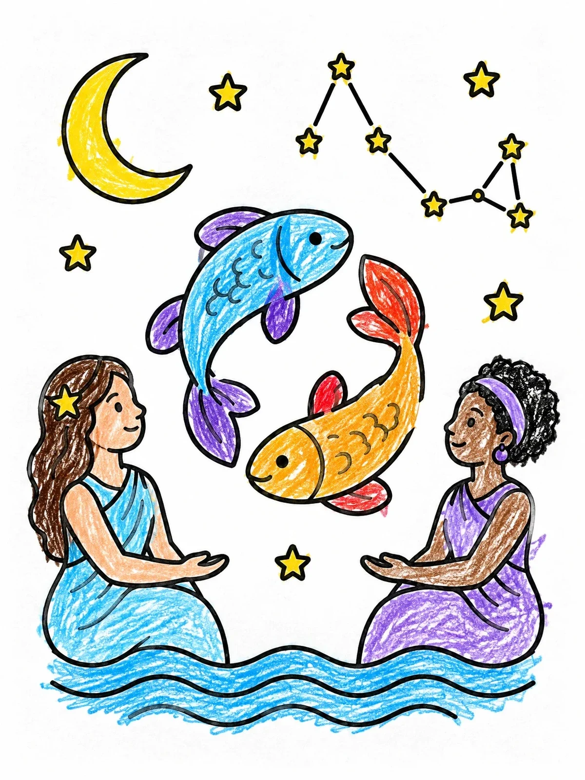 Colored example of the Pisces Zodiac Fish And Goddesses coloring page