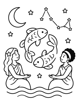Free printable Pisces Zodiac Fish And Goddesses coloring page